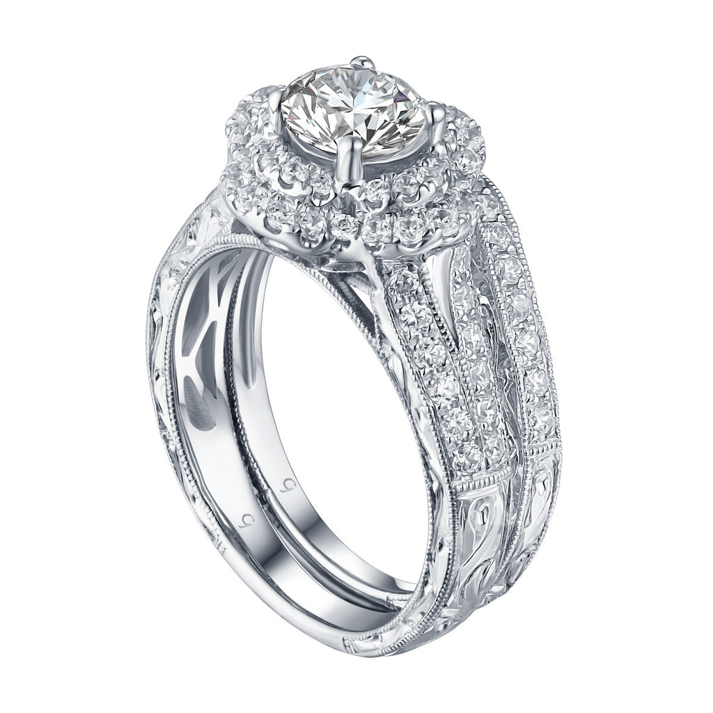 Floral Round Engagement Ring S201592A and Band Set S201592B