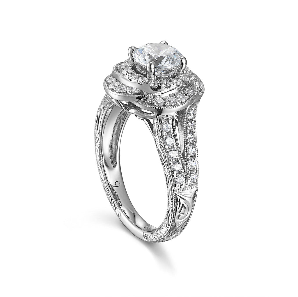 Round Diamond Halo Engagement Ring S201519A and Band S201519B Set