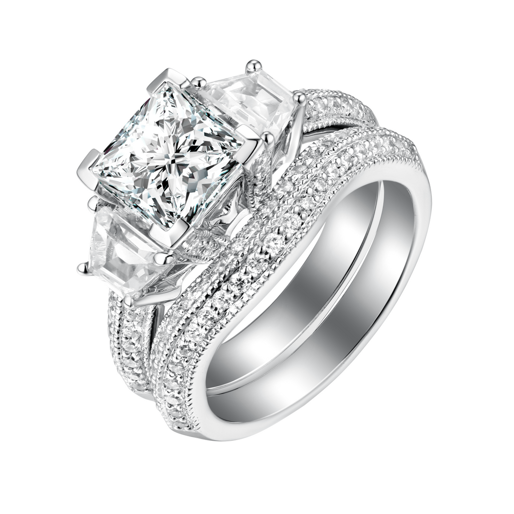 Fancy Cut Round and Trapezoid Diamond Engagement Ring S201872A and Matching Wedding Ring S201872B