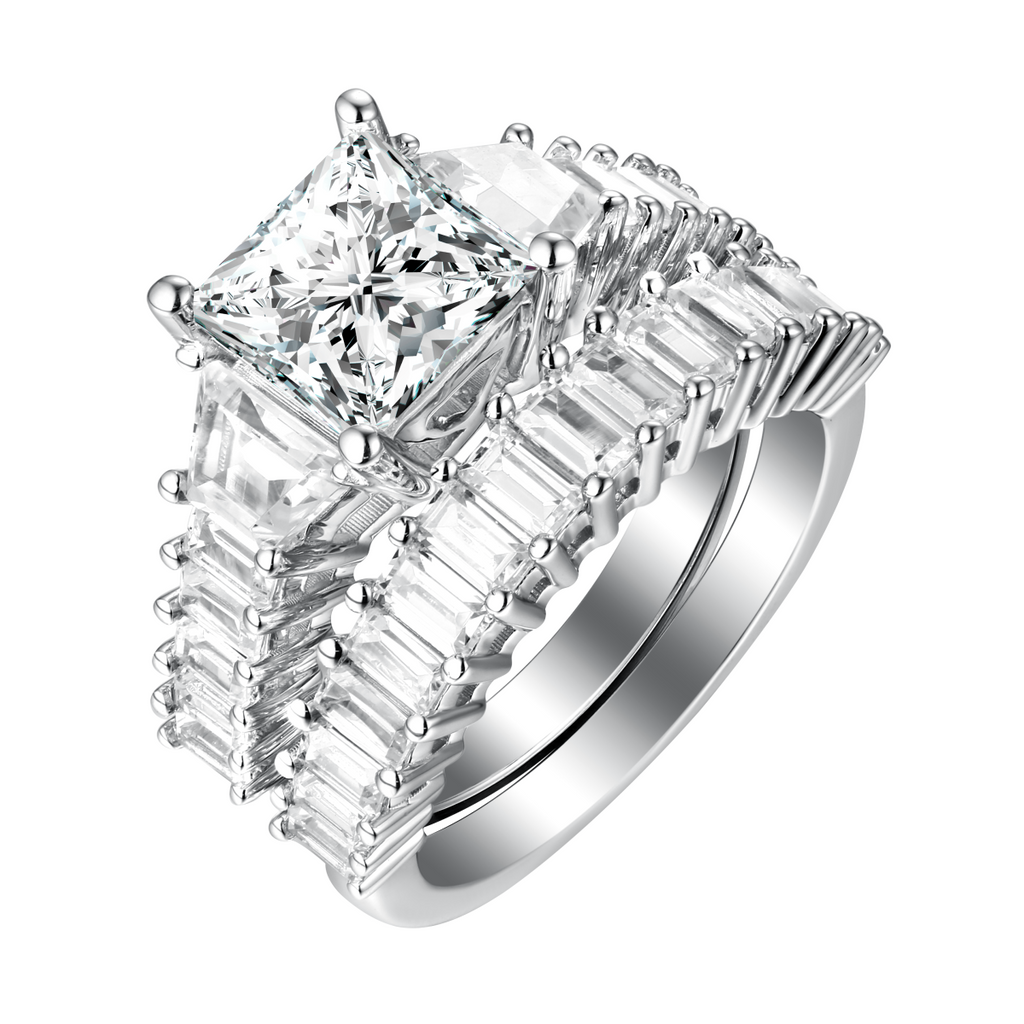 Fancu Cut Round and Trapezoid Diamond Engagement Ring S201874A and Matching Wedding Ring S201874B