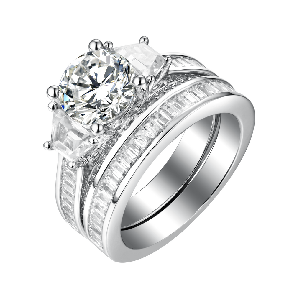 Fancy Cut Round and Trapezoid Diamond Engagement Ring S201877A and Matching Wedding Ring S201877B
