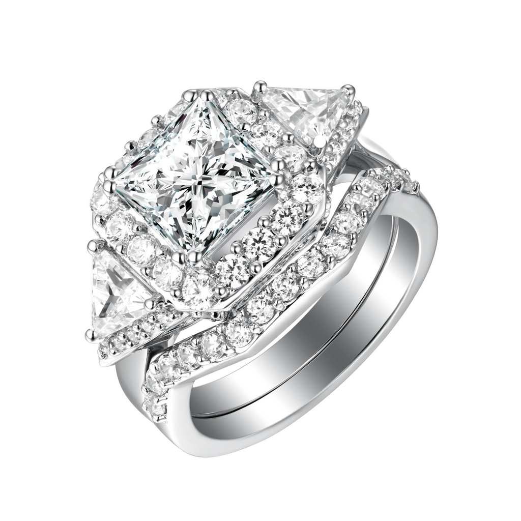 White Gold Fancy Cut Round and Trillion Diamond Engagement Ring S201881A and Matching Wedding Ring S201881B