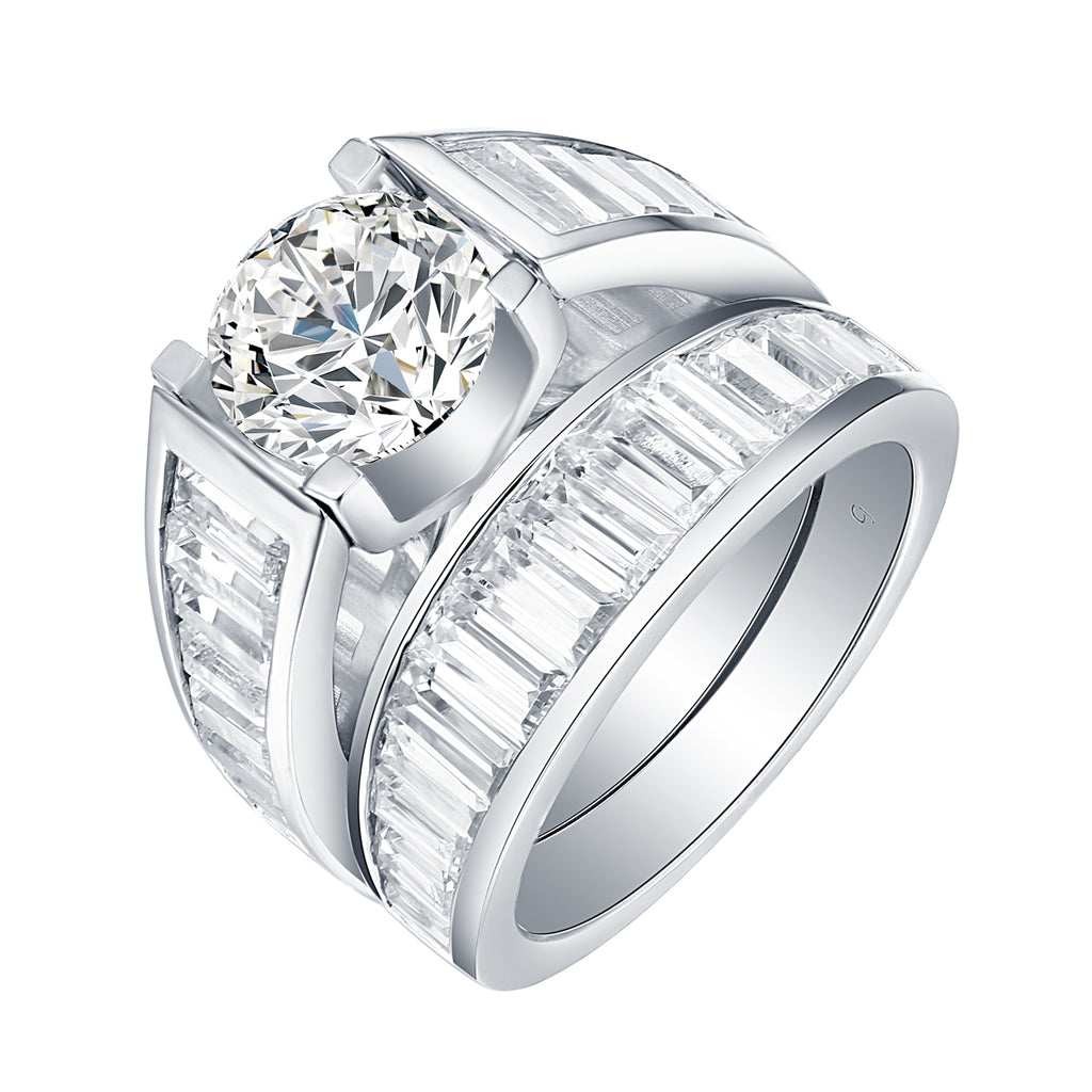 Fancy Cut Round and Taper Diamond Engagement Ring S201887A and Matching Wedding Ring S201887B