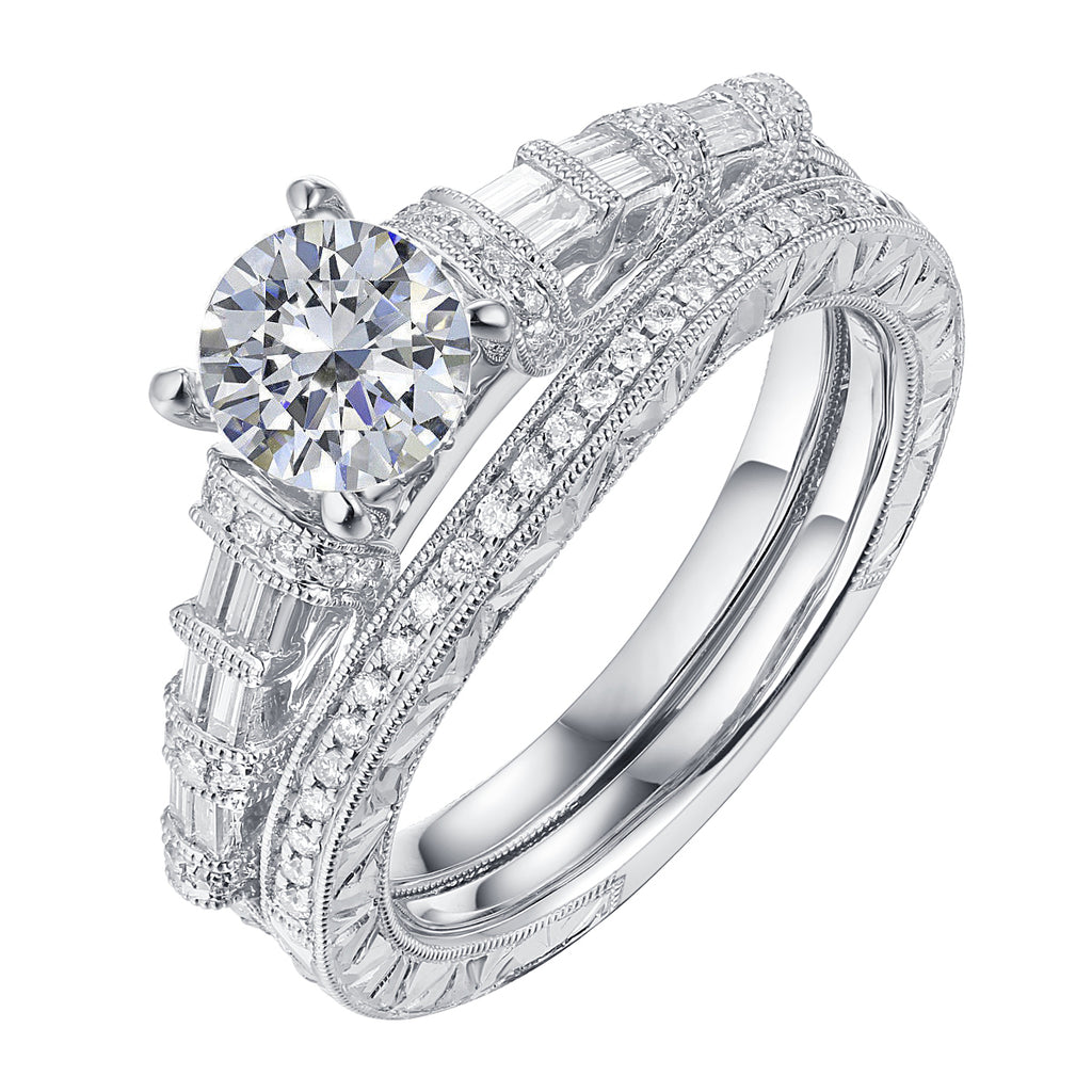Fancy Cut Round and Taper Diamond Engagement Ring S2012077A and Matching Wedding Ring S2012077B